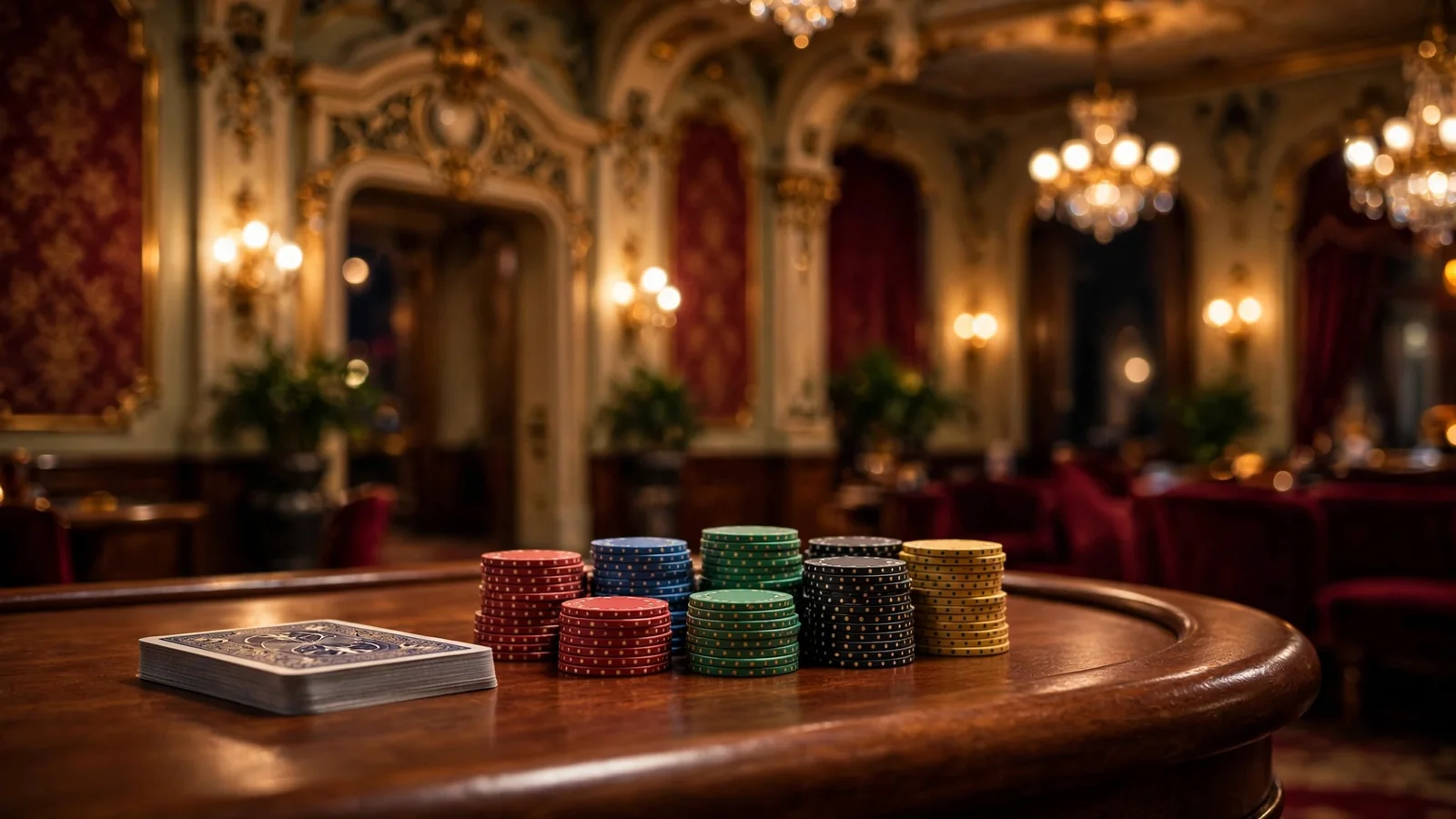 Elegáns blackjack asztal egy budapesti kaszinóban, zsetonok és pakli a zöld posztón