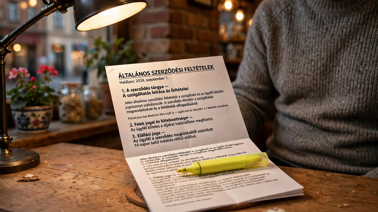Kezek egy promóciós szabályzatot olvasnak az asztalnál