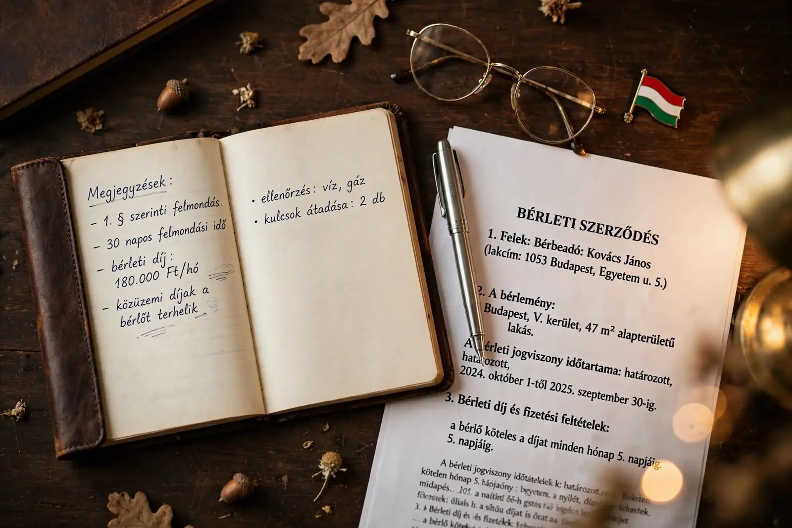 Bőrkötésű jegyzetfüzet, olvasószemüveg és magyar zászló az asztalon